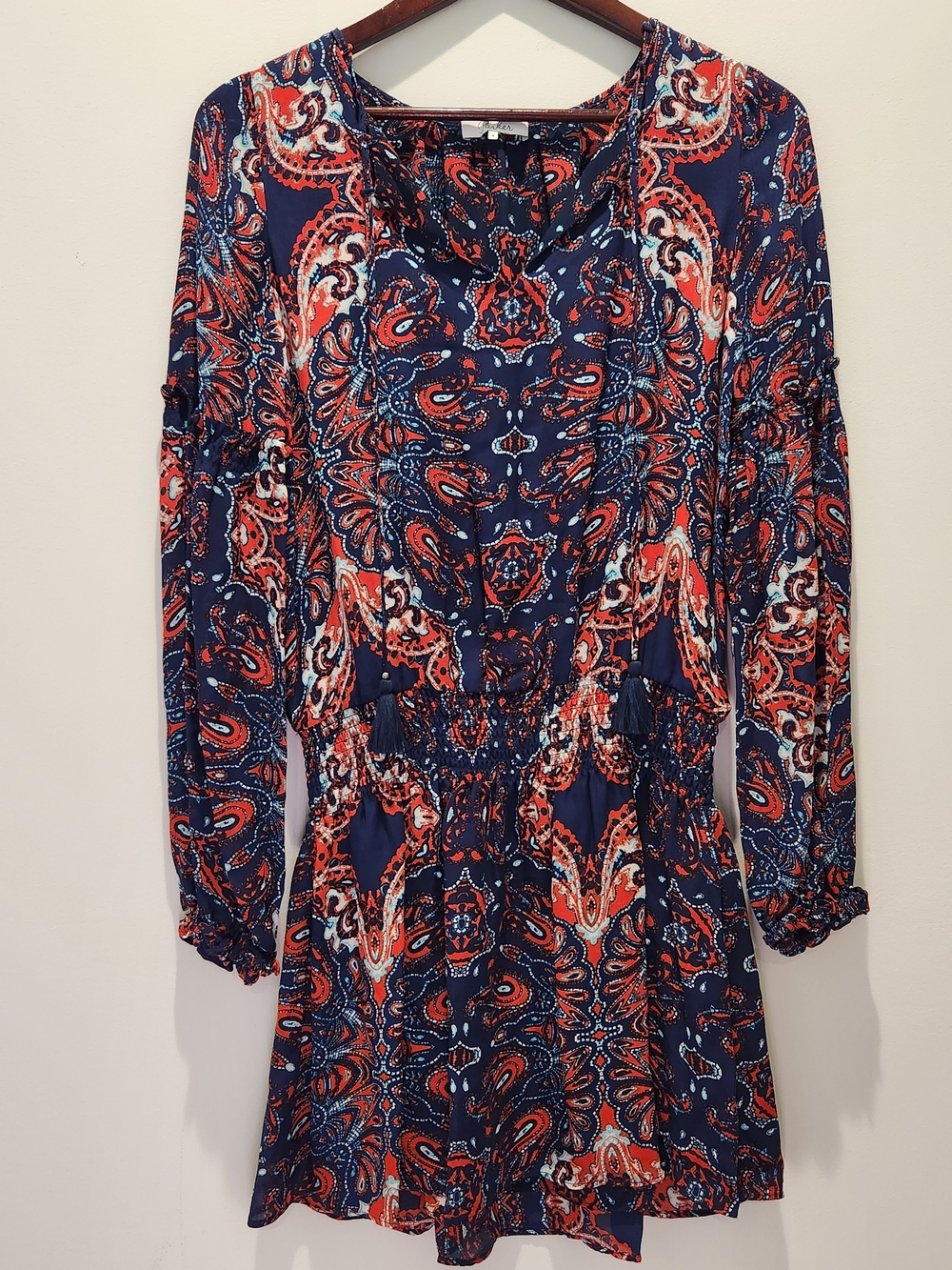 Parker Navy Paisley Long-Sleeve 100% Silk Dress with Red Accents Size Small